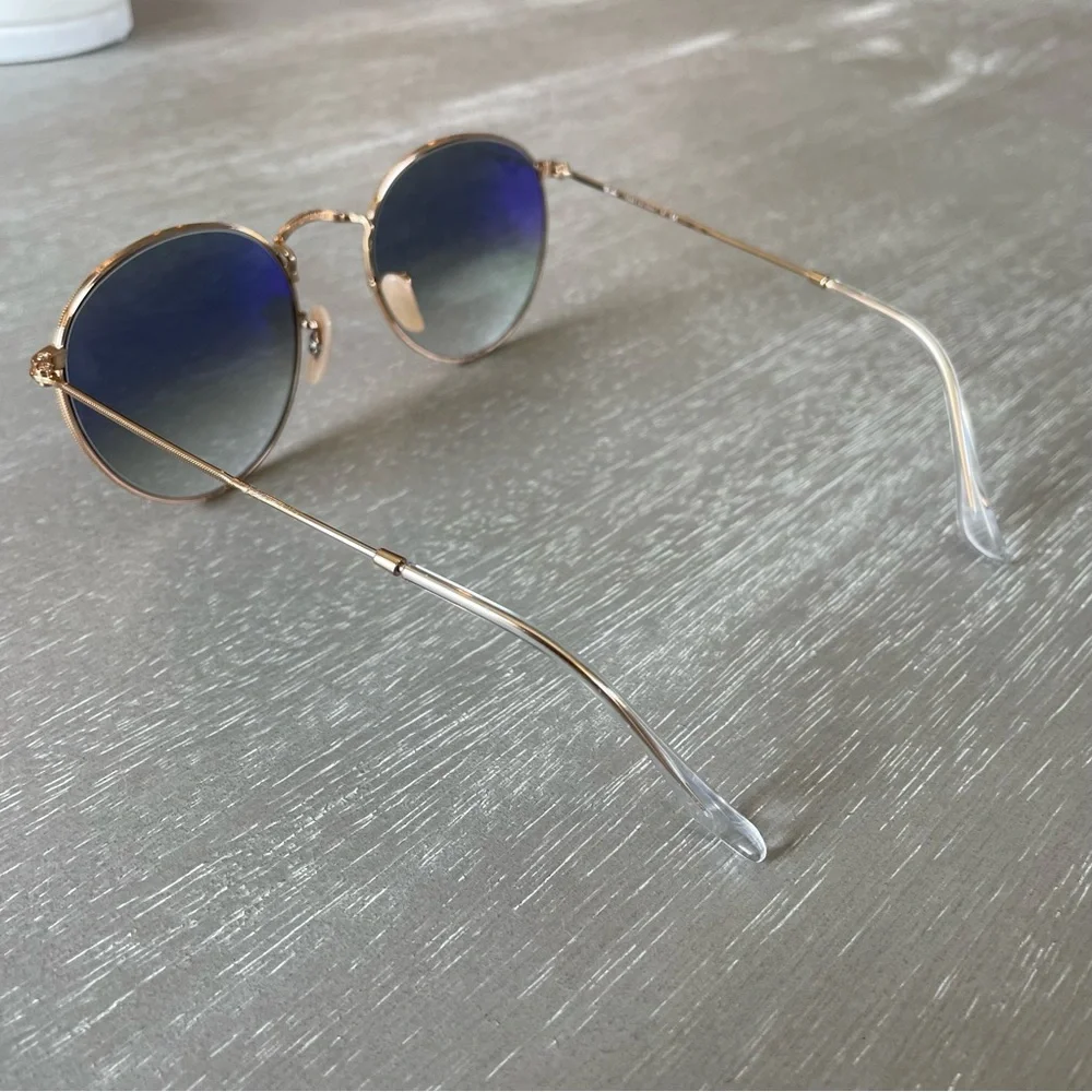 Ray-Ban Sunglasses Round Flat Lenses Gold Frame Blue Lenses - Picture 5 of 5